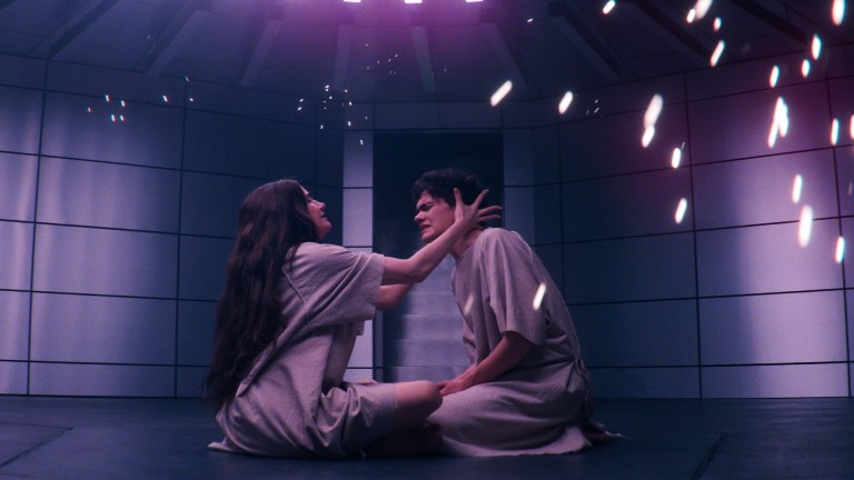 (L-R) Agatha Harkness (Kathryn Hahn) and Billy Maximoff (Joe Locke) in Marvel Television's AGATHA ALL ALONG, exclusively on Disney+.
