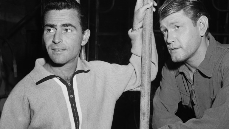 TWILIGHT ZONE. Rod Serling and Earl Holliman as Mike Ferris in between shots in "Where is Everybody?" Season 1, episode 1, of CBS' science fiction television series, 'The Twilight Zone', December 5, 1958.