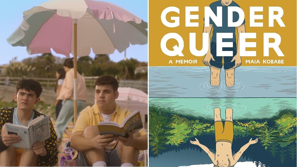 Isaac in Heartstopper season 3 reading Gender Queer: A Memoir by Maia Kobabe