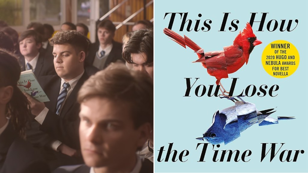 Isaac in Heartstopper season 3 reading This is How You Lose the Time War