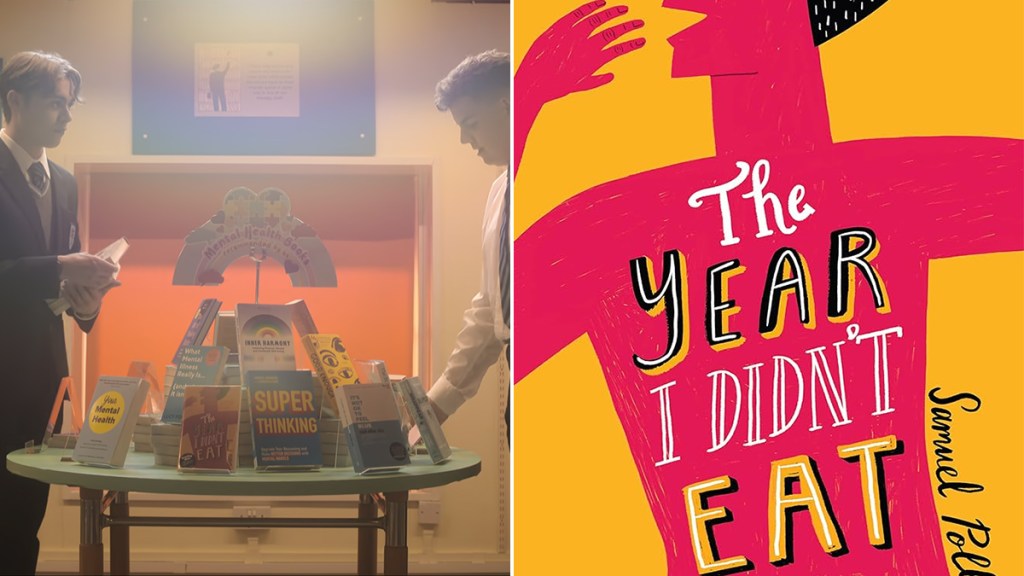 Isaac and James in Heartstopper season 3 making a library display of mental health books