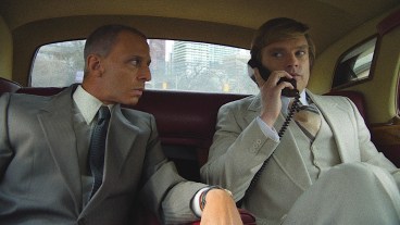 Jeremy Strong and Sebastian Stan as Donald Trump in The Apprentice