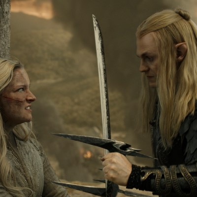 Morfydd Clark as Galadriel; Charlie Vickers as Sauron in The Rings of Power