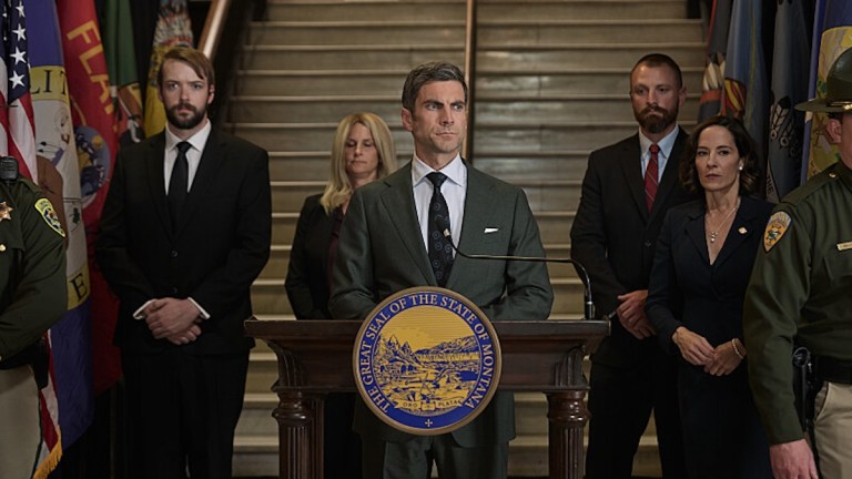 L-R: Wes Bentley as Jamie Dutton and Wendy Moniz as Governor Perry on episode 509 of Paramount Network's Yellowstone