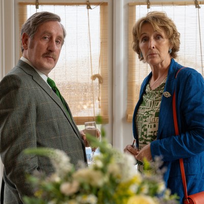 Michael Smiley and Fiona Shaw as Roger and Angelica in Bad Sisters season 2