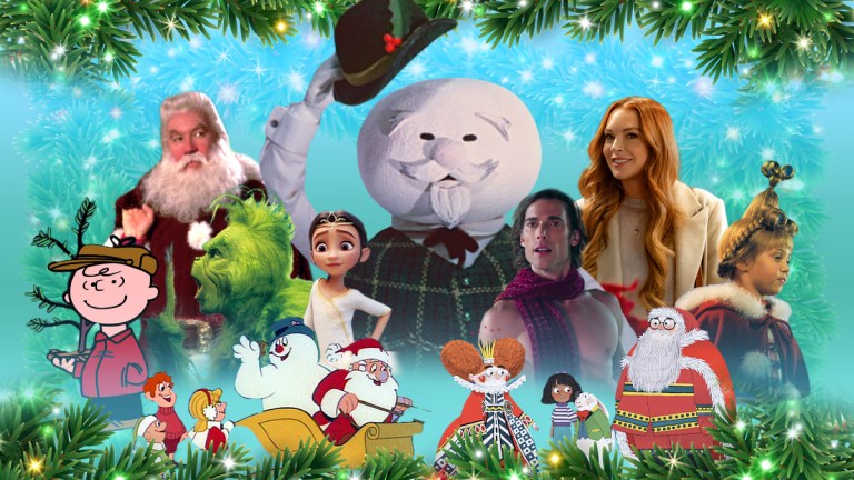 A collection of images from 2024 Christmas movies and specials, including Frosty the Snowman, The Santa Clause, and Charlie Brown.