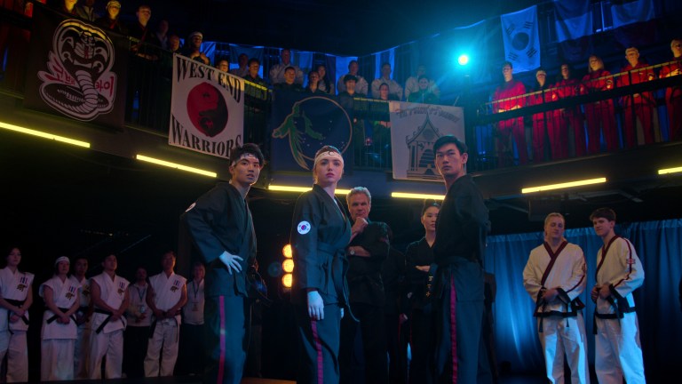 Cobra Kai. (L to R) Brandon H. Lee as Kwon, Peyton List as Tory Nichols, Martin Kove as John Kreese, Alicia Hannah-Kim as Kim Da-Eun, Daniel Kim as Yoon in Cobra Kai.