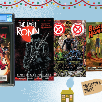 A festive compilation of several comic book covers for a Comic Buying Guide.