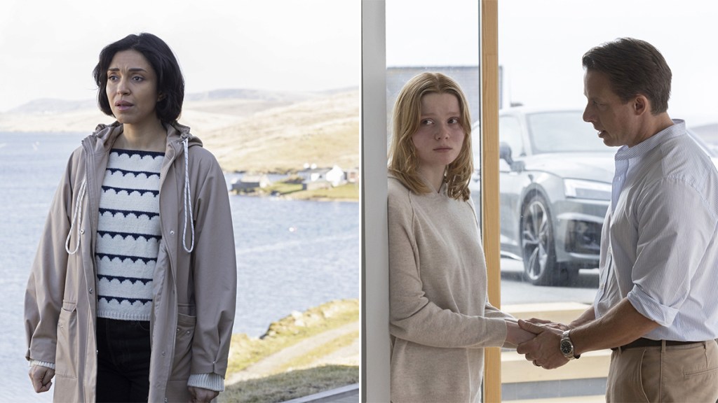 The Jakobson family standing in their coastal home in Shetland season 9