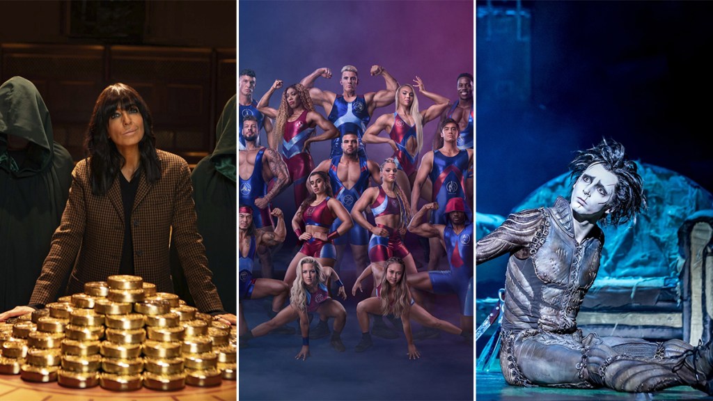 Claudia Winkleman in The Traitors series 2, the cast of BBC One&rsquo;s Gladiators and a promotional image of Matthew Bourne&rsquo;s Edward Scissorhands (Sky Arts)