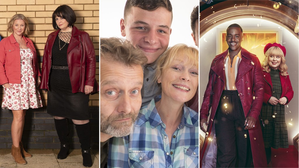 Joanna Page and Ruth Jones in Gavin &amp; Stacey; Pete, Ben and Sue from Outnumbered, and Ncuti Gatwa and Nicola Coughlan as The Doctor and Joy in Doctor Who: Joy to the World&quot;
