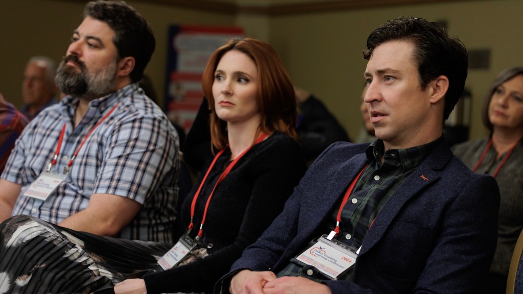 &ldquo;ENGLISH TEACHER&rdquo; &ndash; “Convention” &ndash;  Season 1, Episode 7 (Airs Oct 7) — Pictured (L-R):  Sean Patton as Markie Hillridge, Stephanie Koenig as Gwen Sanders, Brian Jordan Alvarez as Evan Marquez.  CR: Steve Swisher/FX