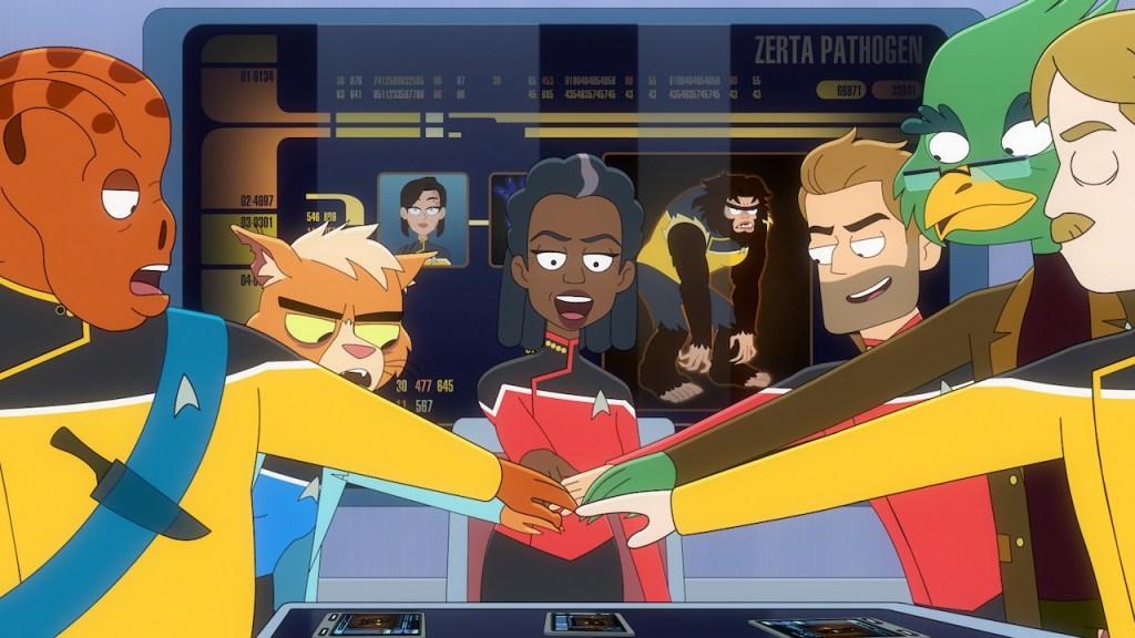 L to R Gillian Vigman as Doctor T'Ana, Dawnn Lewis as Captain Carol Freeman, Jerry O'Connell as Jack Ransom, Paul F. Tompkins as Dr. Migleemo and Paul Scheer as Andy Billups in episode 8, season 5 of Lower Decks streaming on Paramount+, 2024. Photo credit: Paramount+.