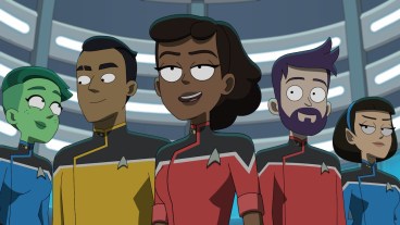 L to R NoŒl Wells as D'Vana Tendi, Eugene Cordero as Rutherford, Tawny Newsome as Beckett Mariner, Jack Quaid as Brad Boimler and Gabrielle Ruiz as T'Lyn in episode 10, season 5 of Lower Decks streaming on Paramount+, 2024.
