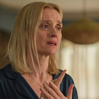 Anne-Marie Duff looking upset with her hands by her chest in BBC thriller Reunion