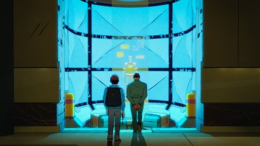 Peter Parker and Norman Osborn stand in front of a screen, looking at specs of Peter's Spider-Man suit