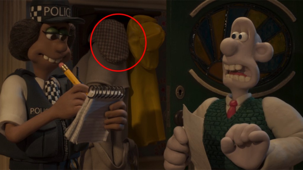 Wallace and Gromit: Vengeance Most Fowl screengrab of Peter Sallis tweed cap hanging by Wallace&rsquo;s door