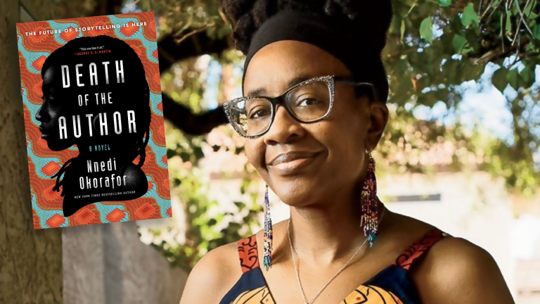 Author Nnedi Okorafor with her book Death of the Author