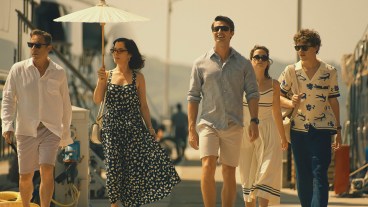 Jason Isaacs, Parker Posey, Patrick Schwarzenegger, Sarah Catherine Hook, Sam Nivola in season 3 of The White Lotus.