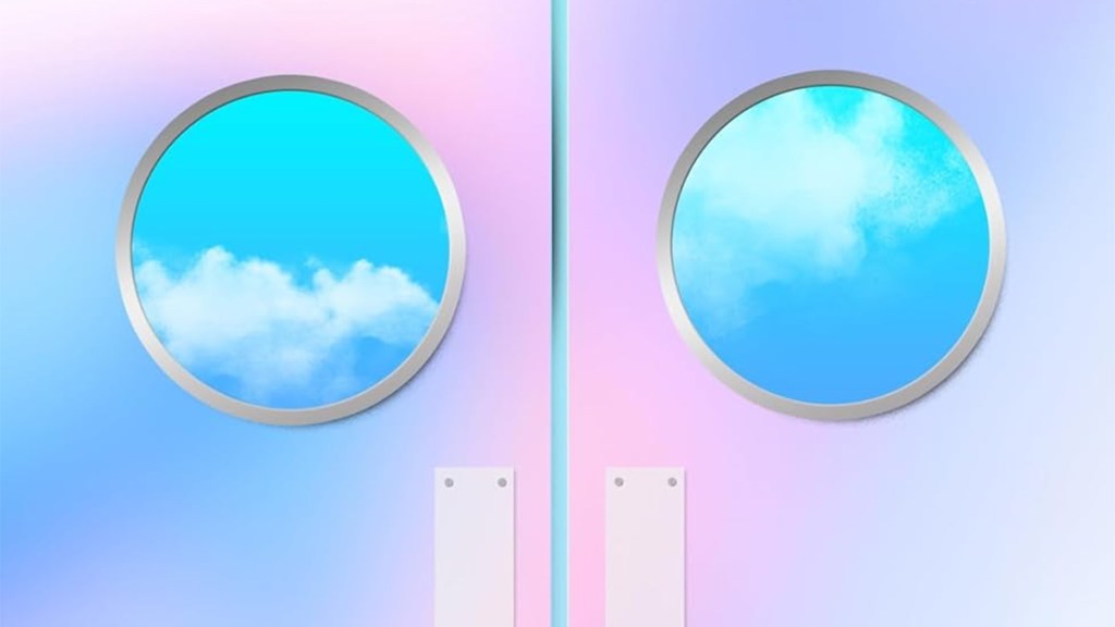 Two pink doors with portholes through which are blue skies and white cloud on the cover of Aftertaste by Daria Lavelle
