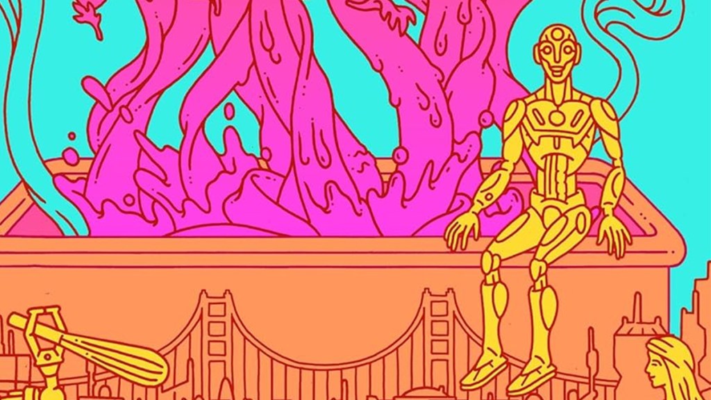Pink, peach and blue and gold illustration of a robot from the cover of Automatic Noodle