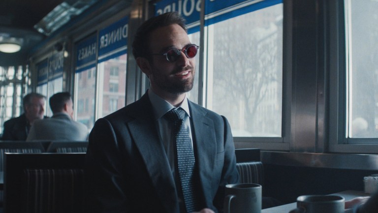 Matt Murdock (Charlie Cox) sits in a diner talking to Wilson Fisk (not pictured) in Daredevil Born Again