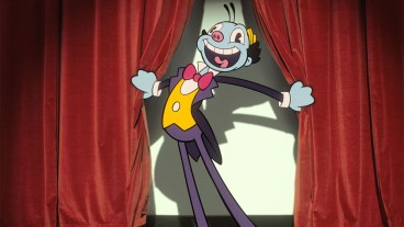 A 1950s-style cartoon character standing between two red velvet curtains from Doctor Who series 15