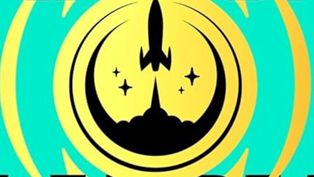 A green and yellow design of a spaceship from the cover of Hammajang Luck by Makana Yamamoto