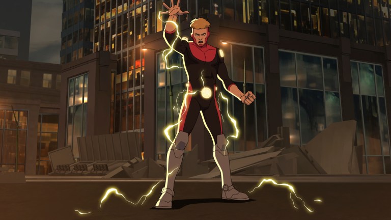 The villainous Powerplex (voiced by Aaron Paul) gathering electricity in Invincible season 3.