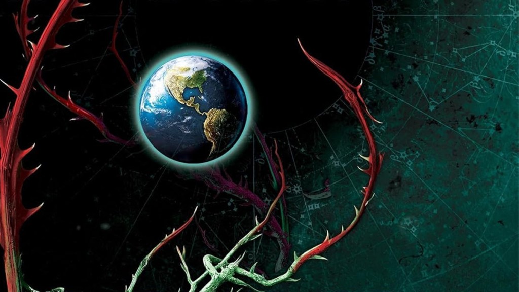 Illustration of thorny plants menacing the Earth from the cover of Overgrowth