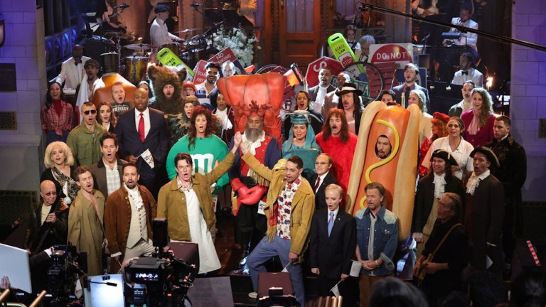 SNL50: THE ANNIVERSARY SPECIAL -- Pictured: (l-r) Paul Shaffer, Scarlett Johansson, Alex Moffat, Emil Wakim, Chloe Fineman, James Austin John, Paul Rudd, Lin-Manuel Miranda, Devon Walker, Taran Killem, Ana Gasteyer, John Mulaney, Kristen Wiig, Kenan Thompson, Pete Davidson, Maya Rudolph, Kate McKinnon, Sarah Sherman, Will Forte, Jason Sudeikis, David Spade, Adam Driver, Kyle Mooney, Cecily Strong, Beck Bennett, and Nick Jonas on February 16, 2025 -- (Photo by: Theo Wargo/NBC)