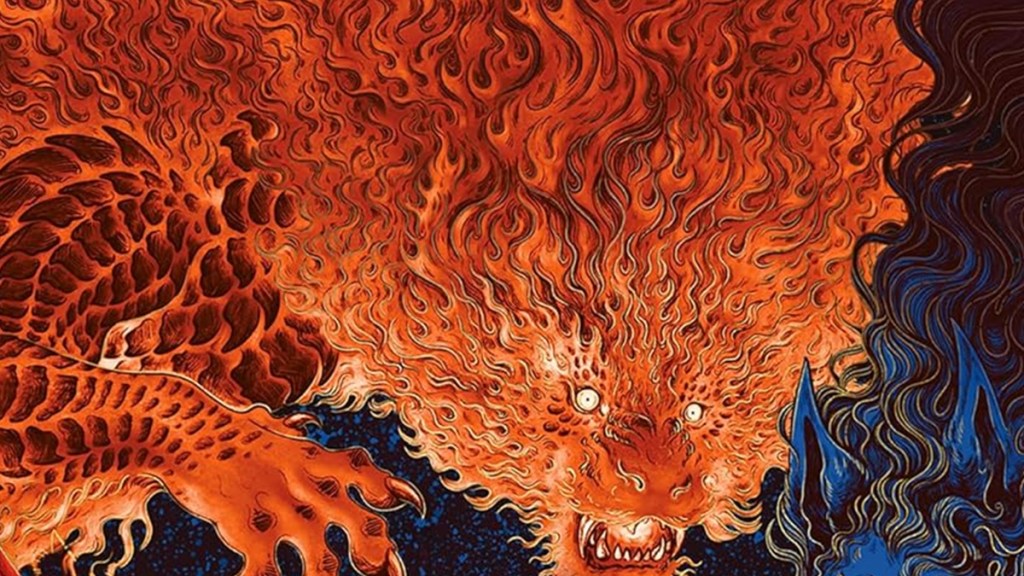 An illustration of a fiery red demon from the cover of The Serpent Called Mercy by Roanne Lau
