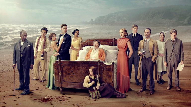 The cast of BBC One's Towards Zero assembled on an English beach