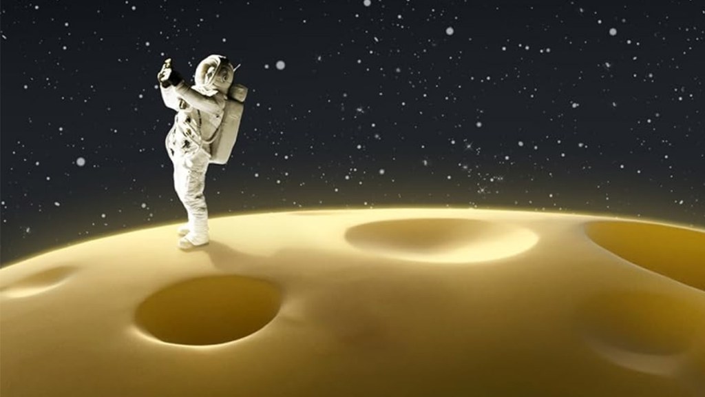 Illustration of an astronaut in a spacesuit standing on a yellow pitted planet in space from When the Moon Hits Your Eye book cover