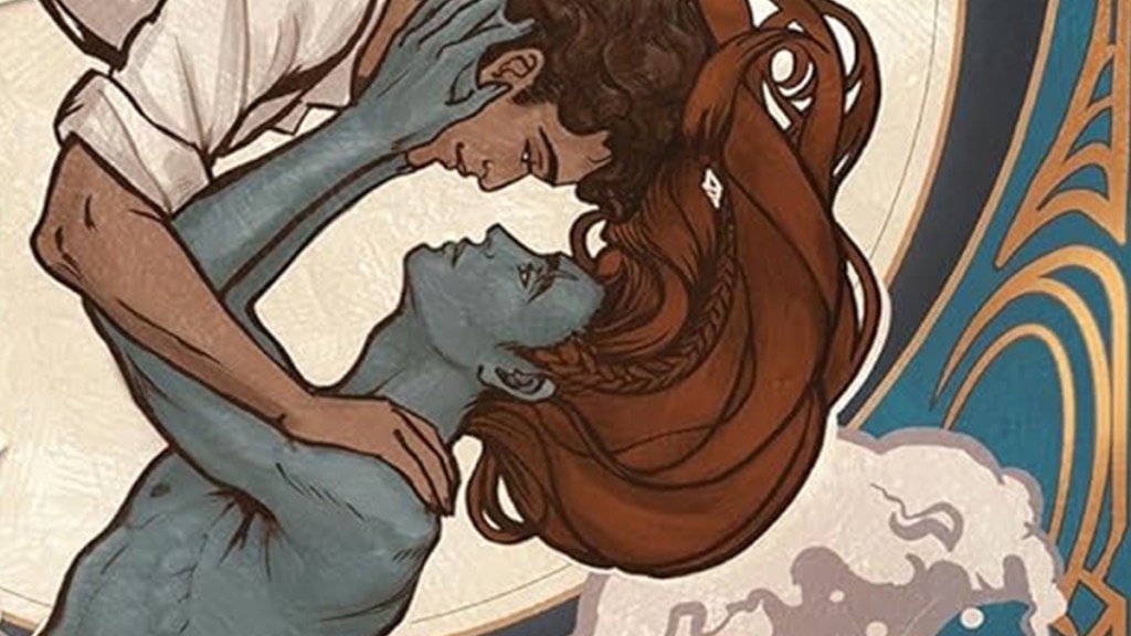 Illustration of a human and a blue fantasy man embracing