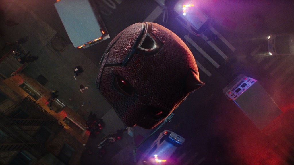Daredevil's broken mask falls from a rooftop. A scene from Marvel Television's DAREDEVIL: BORN AGAIN, exclusively on Disney+. Photo courtesy of Marvel Television.