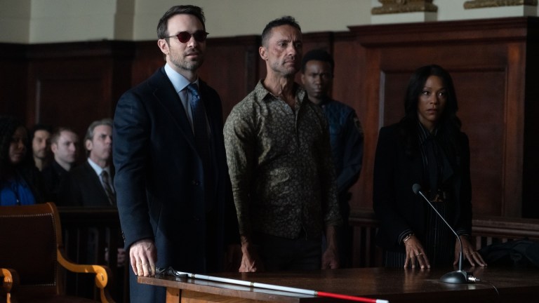 (L-R): Matt Murdock/Daredevil (Charlie Cox), Hector Ayala / White Tiger (Kamar de los Reyes and Kirsten McDuffie, ADA (Niki M. James) in Marvel Television's DAREDEVIL: BORN AGAIN, exclusively on Disney+.