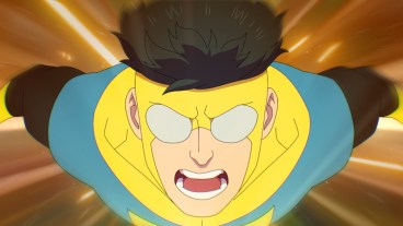 Mark Grayson (Steven Yeun) angrily flies toward a presumed enemy
