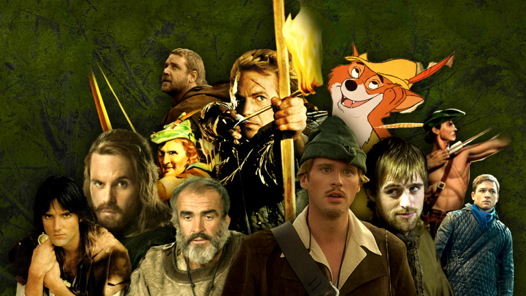 A montage of Robin Hood actors including Sean Connery, Michael Praed, Kevin Costner and more