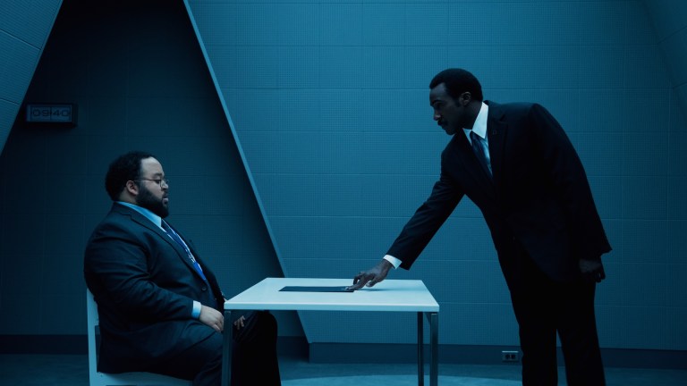 Dylan G (Zach Cherry) and Mr. Milchick (Tramell Tillman) in Severance season 2.