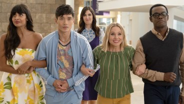 THE GOOD PLACE -- "Patty" Episode 412 -- Pictured: (l-r) Jameela Jamil as Tahani, Manny Jacinto as Jason, D'Arcy Carden as Janet, Kristen Bell as Eleanor, William Jackson Harper as Chidi