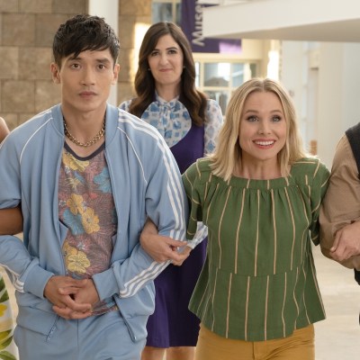 THE GOOD PLACE -- "Patty" Episode 412 -- Pictured: (l-r) Jameela Jamil as Tahani, Manny Jacinto as Jason, D'Arcy Carden as Janet, Kristen Bell as Eleanor, William Jackson Harper as Chidi