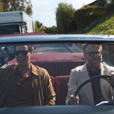 Ike Barinholtz and Seth Rogen in a car in Apple TV+ comedy The Studio.