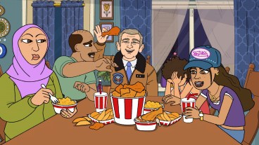 The Hussein Family enjoys a fried chicken dinner with George W. Bush on #1 Happy Family USA.