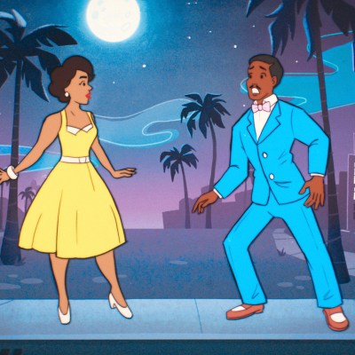 A cartoon woman in a yellow dress and a cartoon man in a blue suit from Doctor Who episode &ldquo;Lux&rdquo;