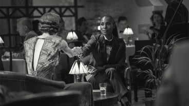 Emma Corrin and Issa Rae in black and white image from Black Mirror's Hotel Reverie