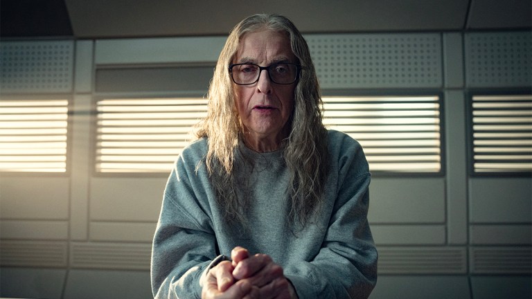 Peter Capaldi in a long grey wig wearing a grey sweatshirt in Black Mirror episode &ldquo;Plaything&rdquo;