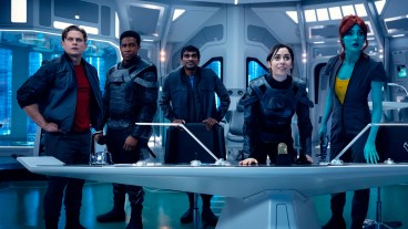 Billy Magnussen, Osy Ikhile, Paul G. Raymond, Cristin Milioti, and Milanka Brooks in Black Mirror season 7 "USS Callister: Into Infinity."