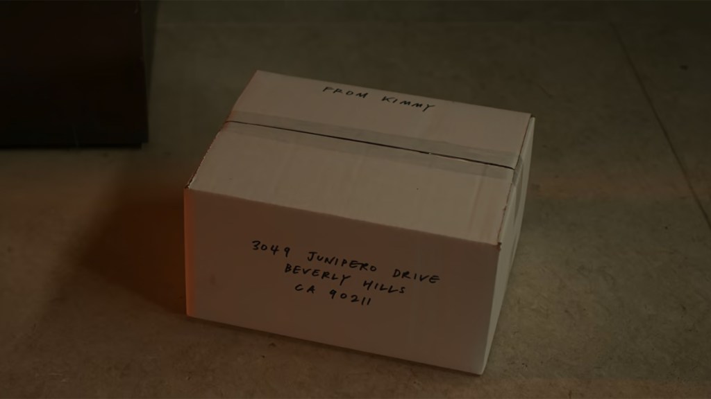 A screengrab of a cardboard box with the return address &ldquo;Junipero Drive&rdquo; in Black Mirror episode &ldquo;Hotel Reverie&rdquo;