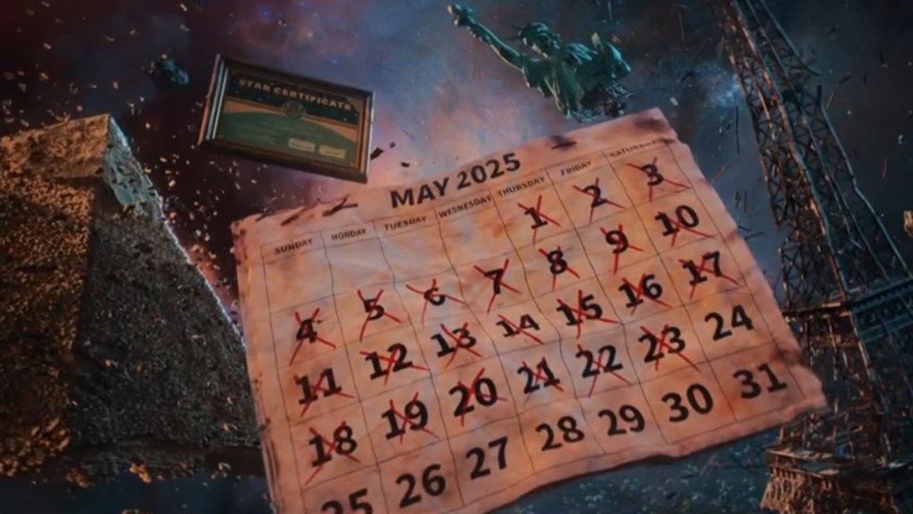 Detritus from Earth floating in space including a calendar counting down to May 24, from a Doctor Who screengrab